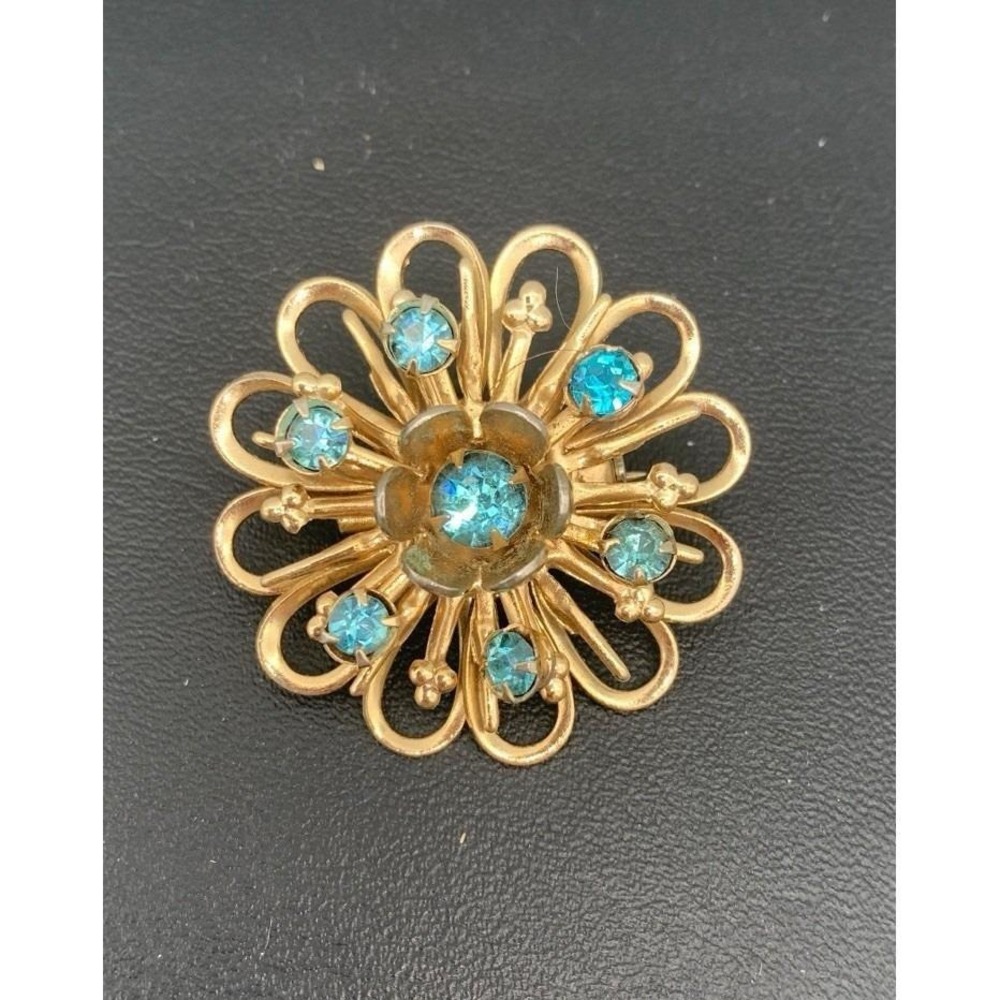 Vintage (Old) Gold Tone And Blue Rhinestone Flower Brooch / Scatter Pin‎